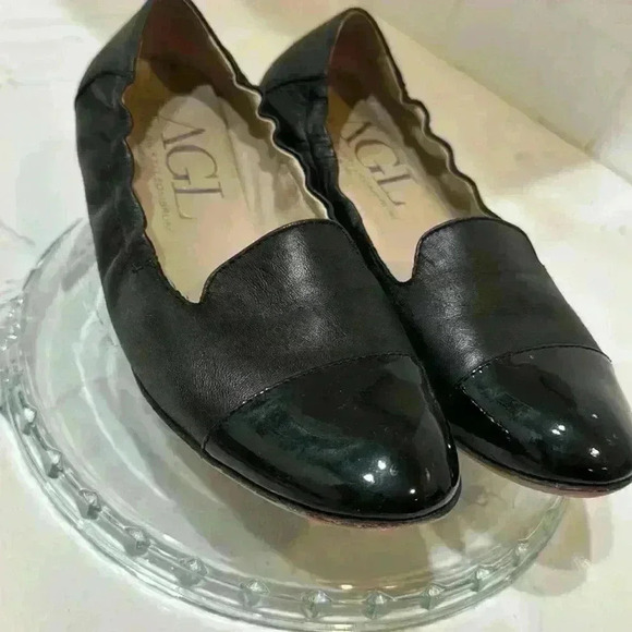 AGL Black Leather Ballet Flat with Patent Leather Toe SZ 38 - Picture 7 of 11
